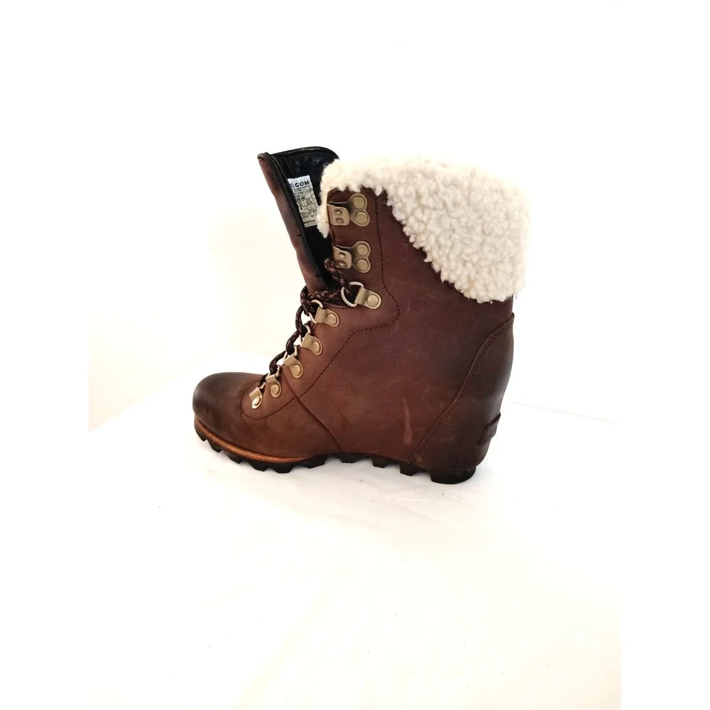 Sorel Women's 5.5 Joan of Arctic Wedge Lexie Brown Leather Fur Lined Waterproof